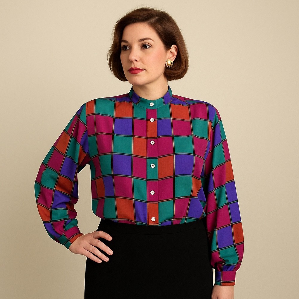 Vintage Liz Claiborne 80s 90s Oversized Plaid Blouse 14 Colorful Check Shirt‎